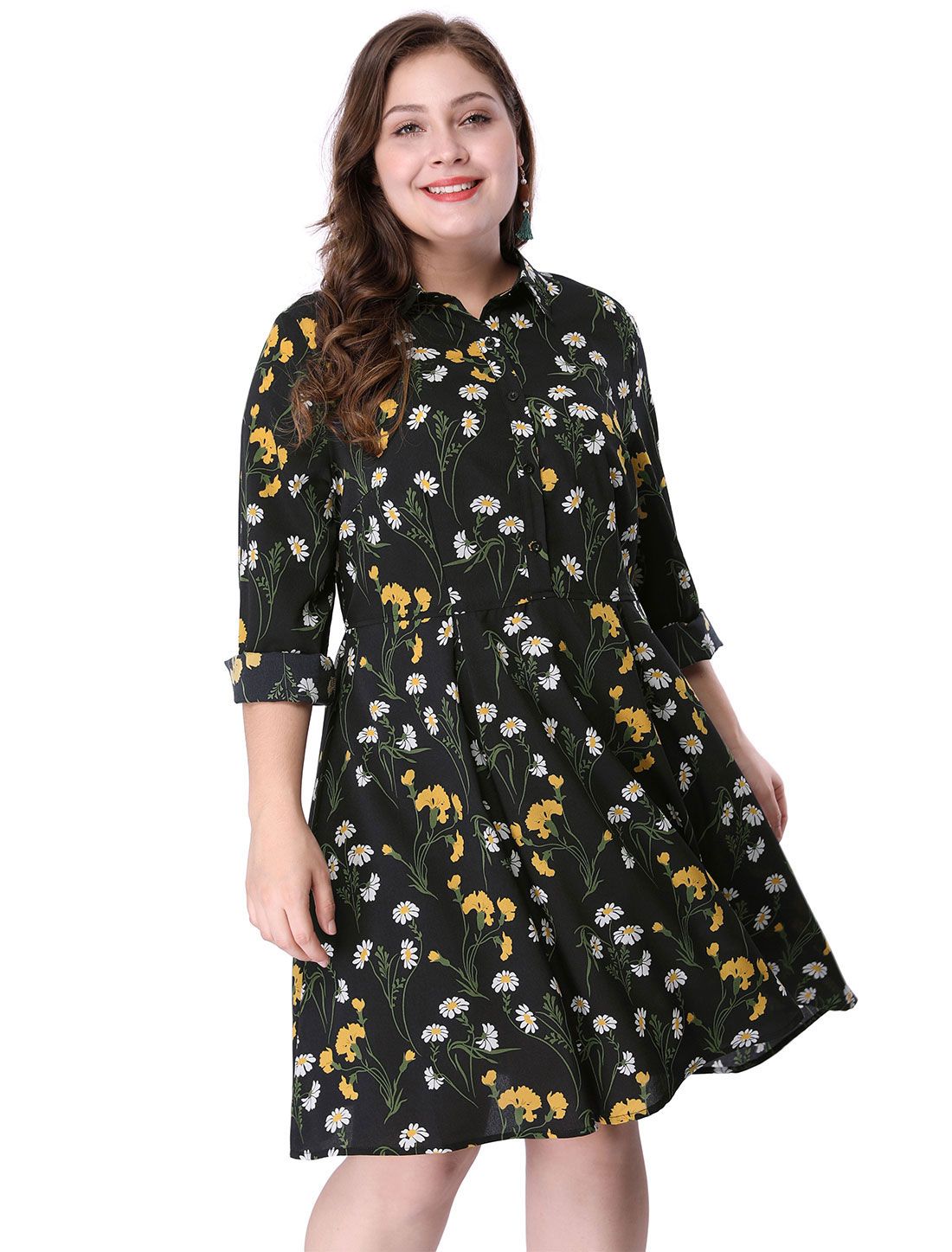 Women S Plus Size Knee Length Flared Floral Print Shirt Dress