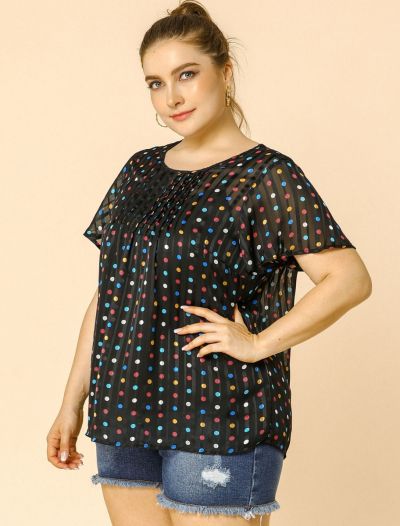 Women's Plus Size Blouses Polka Dots Short Sleeves Summer Chiffon Mesh Top