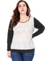 Agnes Orinda Women Plus Size Lace Panel Color Block Scoop Neck Top