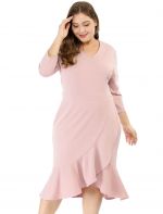 Women's Plus Size Business Ruffled Dress 3/4 Sleeve Office Work Cocktail Dresses Party Wrap Dress