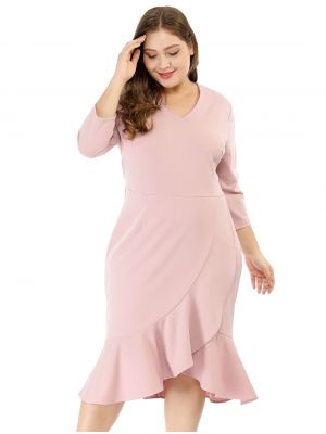 Women's Plus Size Business Ruffled Dress 3/4 Sleeve Office Work Cocktail Dresses Party Wrap Dress