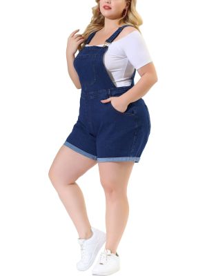 Plus Size Overall Shorts for Women Jumpsuit Roll Hem Pocket Jean Denim Overalls