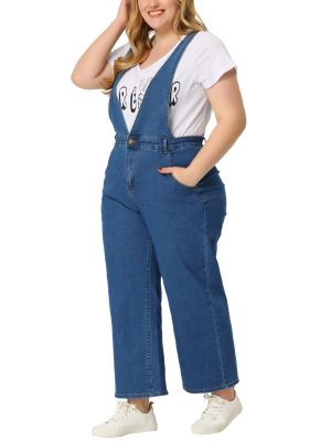 Plus Size Overalls Denim Pants for Women V Neck Strap Chambray Pants 2024