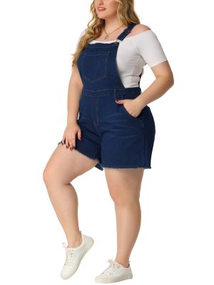 Women's Plus Size Jumpsuit Overall Shorts Bib Raw Hem Pocket Jean Denim Pants 2024