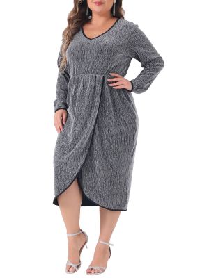 Plus Size Sparkly Glitter Dress for Women Long Sleeve V Neck High Slit Sequin Party Cocktail Dresses
