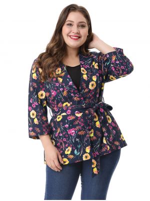 Women's Plus Size 3/4 Sleeve One Button Belted Floral Blazer