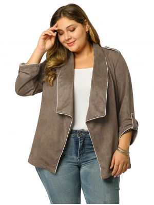 Women's Plus Size Open Front Cardigan Faux Suede Blazer Office Jacket