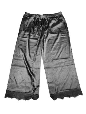 Plus Size Lounge Pants for Women Satin Lace Trim Elastic Soft Wide Leg Pockets Sleepwear Pajama Pants
